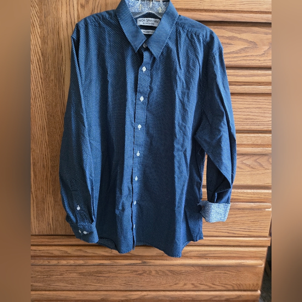 Nick Graham Everywhere Modern Fit Blue Polka Dot Dress Shirt Sz XL